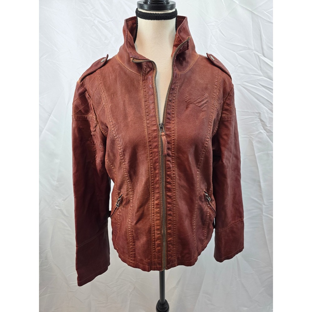 Sebby Collection Womens Faux Leather Moto Jacket Rust Red Size L Garment Dyed